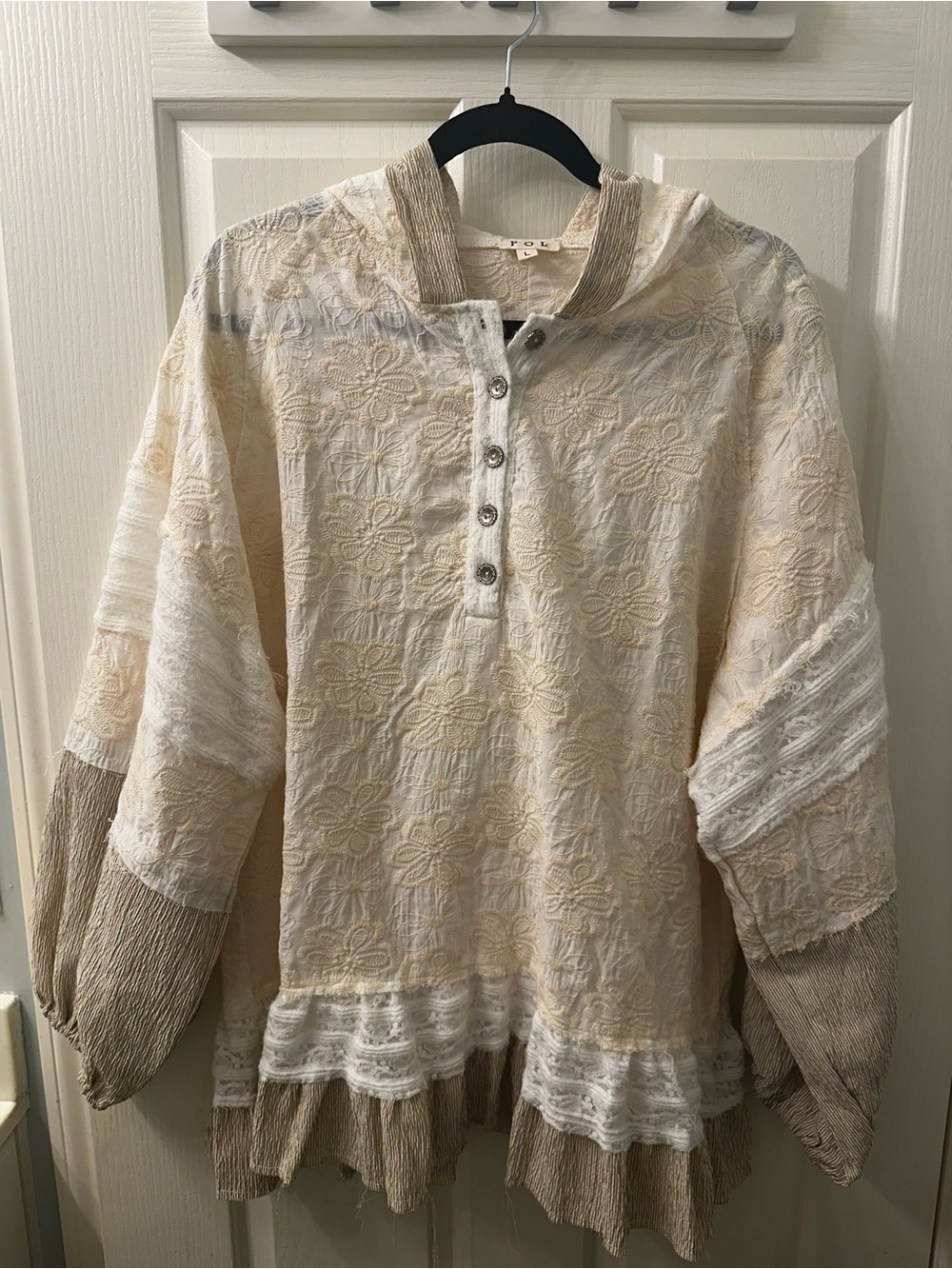 POL Cream Embroidered Peasant Tunic with Tan Trim